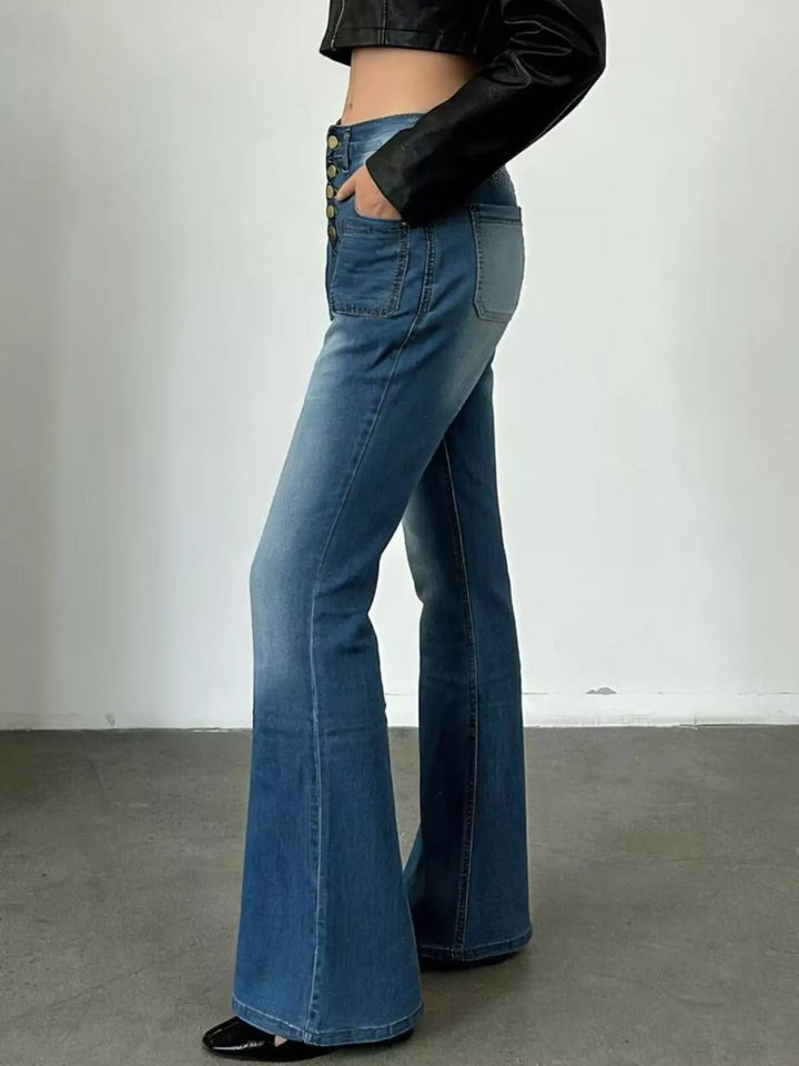 High-waisted button-fly flare jeans with patch pockets