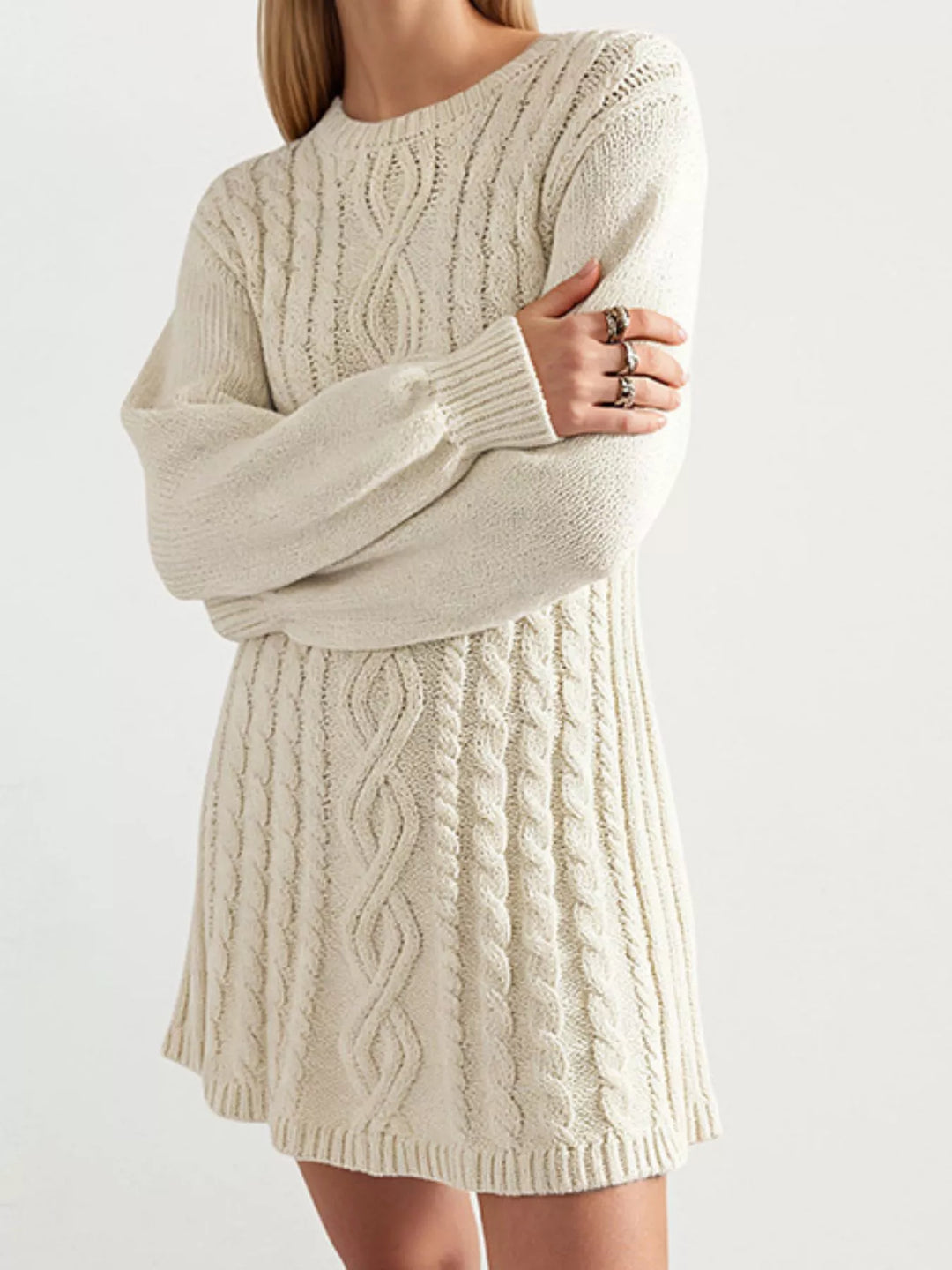 Cable knit long sleeve sweater mini dress with ribbed hem