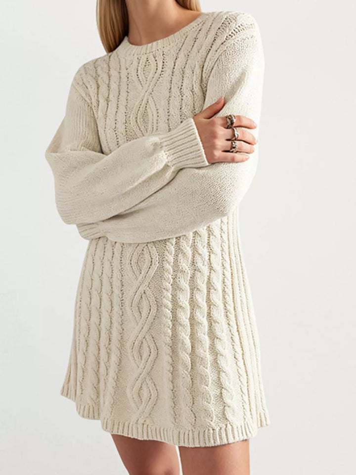 Cable knit long sleeve sweater mini dress with ribbed hem