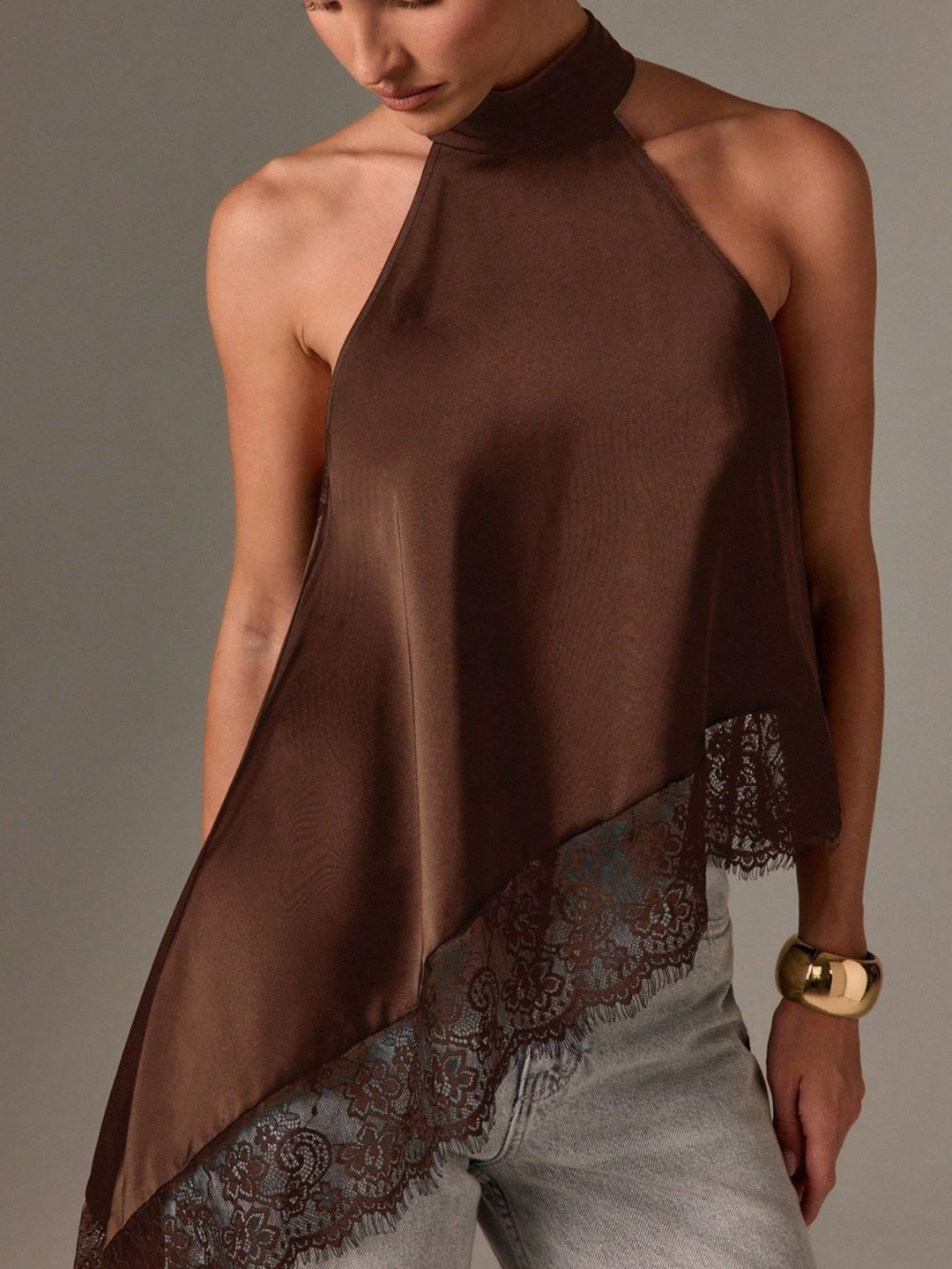 Brown Satin halter neck cami with lace trim asymmetrical hem