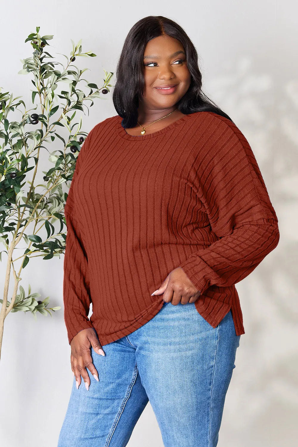 Ribbed knit round neck tunic top with side slits