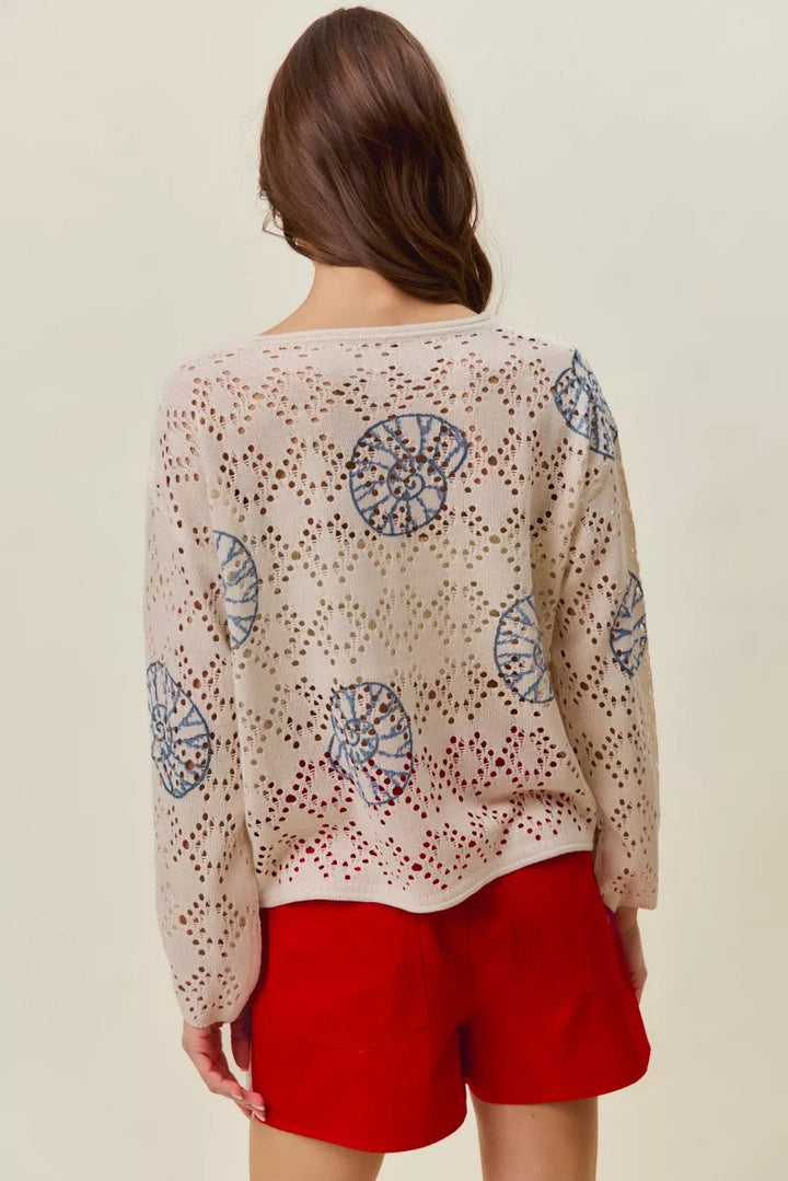 Seashell motif openwork knit long sleeve top