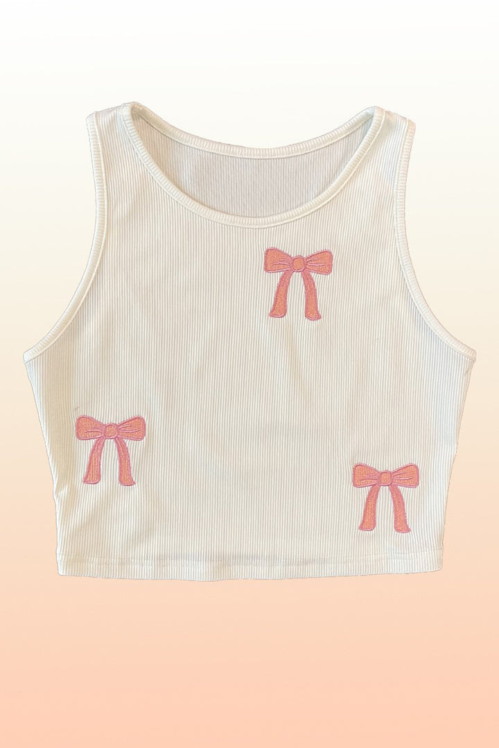 Sweetie Bow Embroidered Ribbed Crop Tank