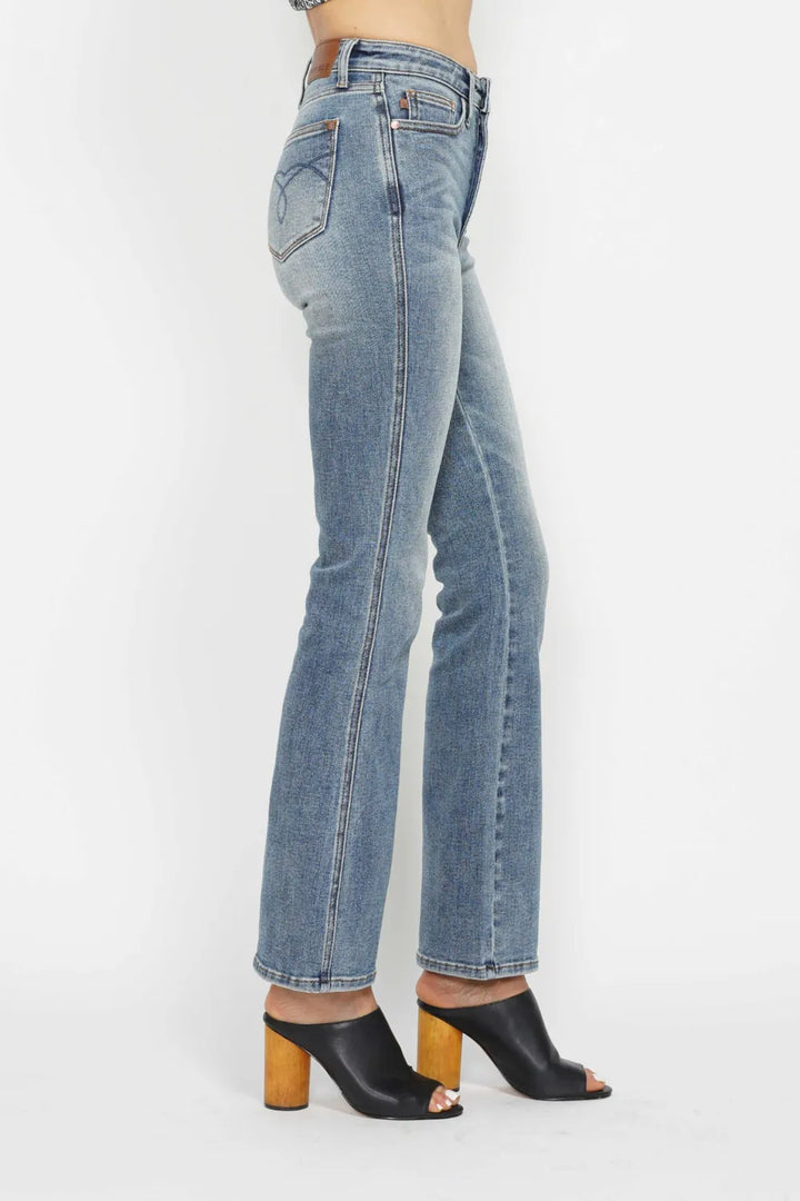 High-rise tummy control bootcut jeans with embroidered pockets