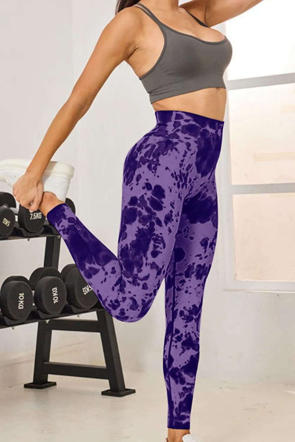 Tie-dye high-waist active leggings with wide waistband