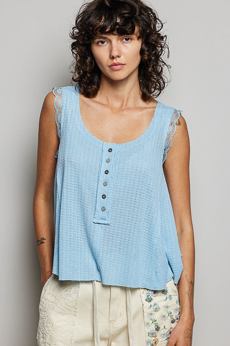 Textured knit tank with lace trim and button placket