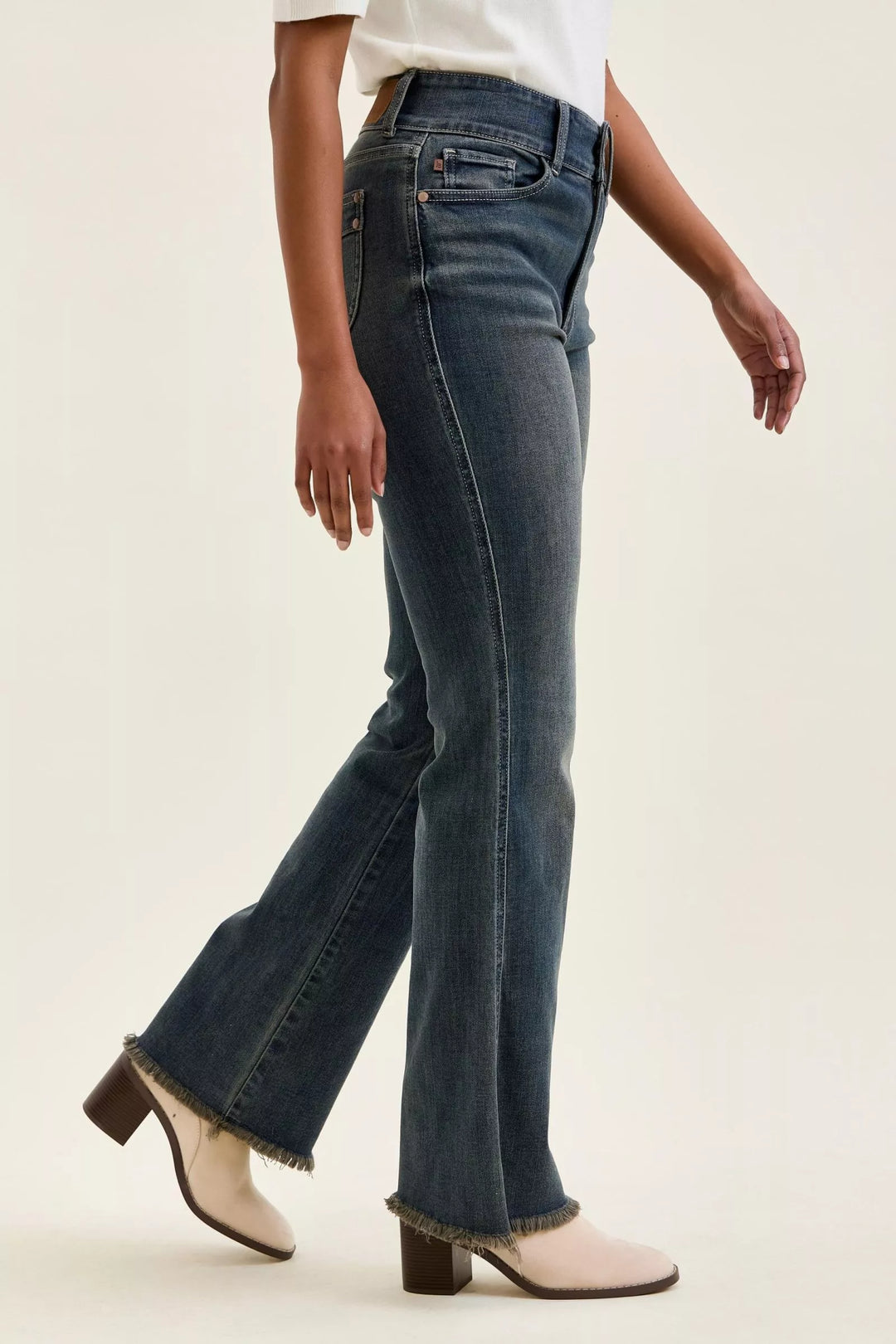 High-rise double-button frayed hem flare jeans