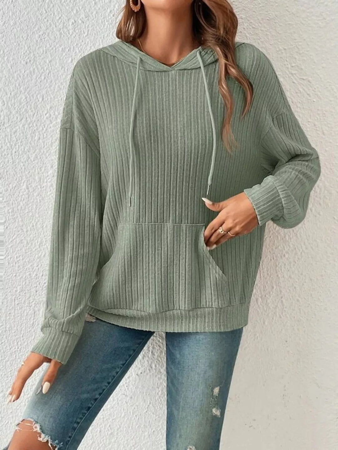 Ribbed knit hoodie with drawstring and kangaroo pocket