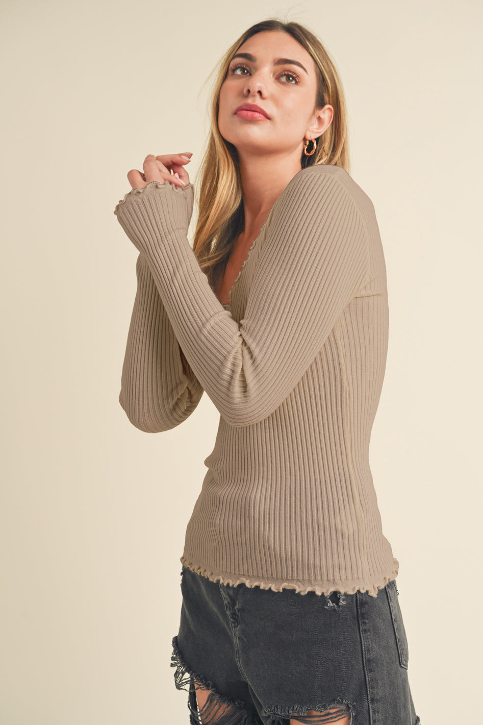 Adalie Scalloped Trim Ribbed Knit Sweater