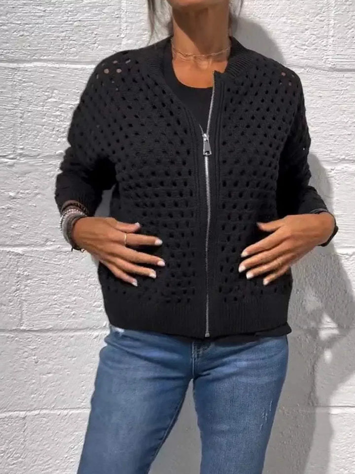 Black Open-knit zip-up bomber cardigan with ribbed trim