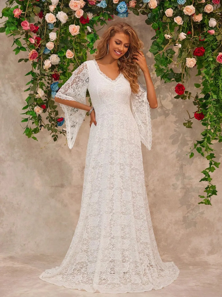 Lace V-neck bell sleeve floor-length maxi dress
