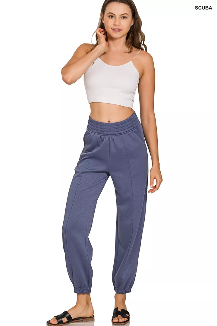Smocked-waist scuba jogger pants with side pockets