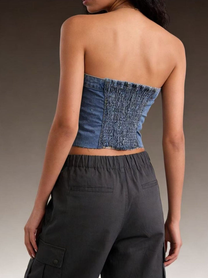Raw-hem button-front strapless denim crop top