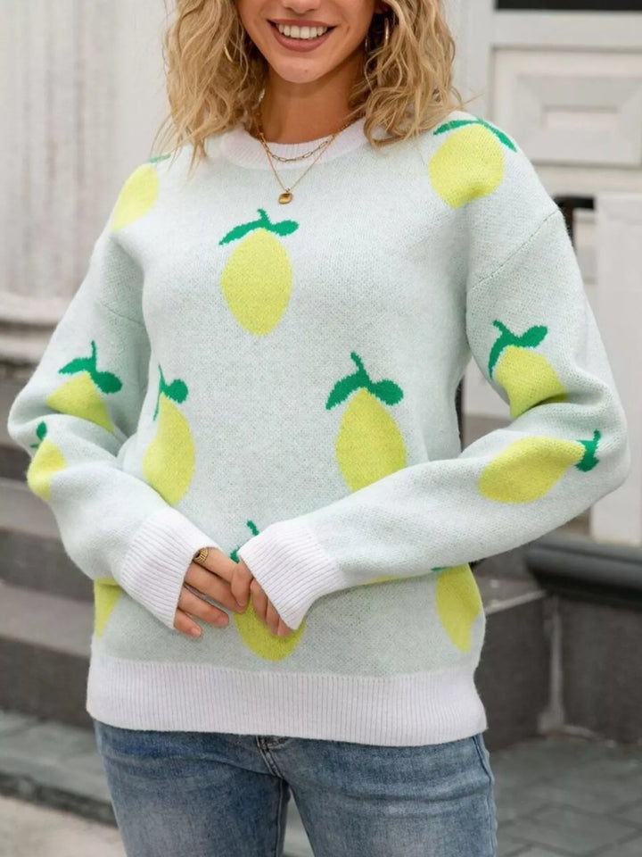 Lemon motif crew neck knit sweater with ribbed trim