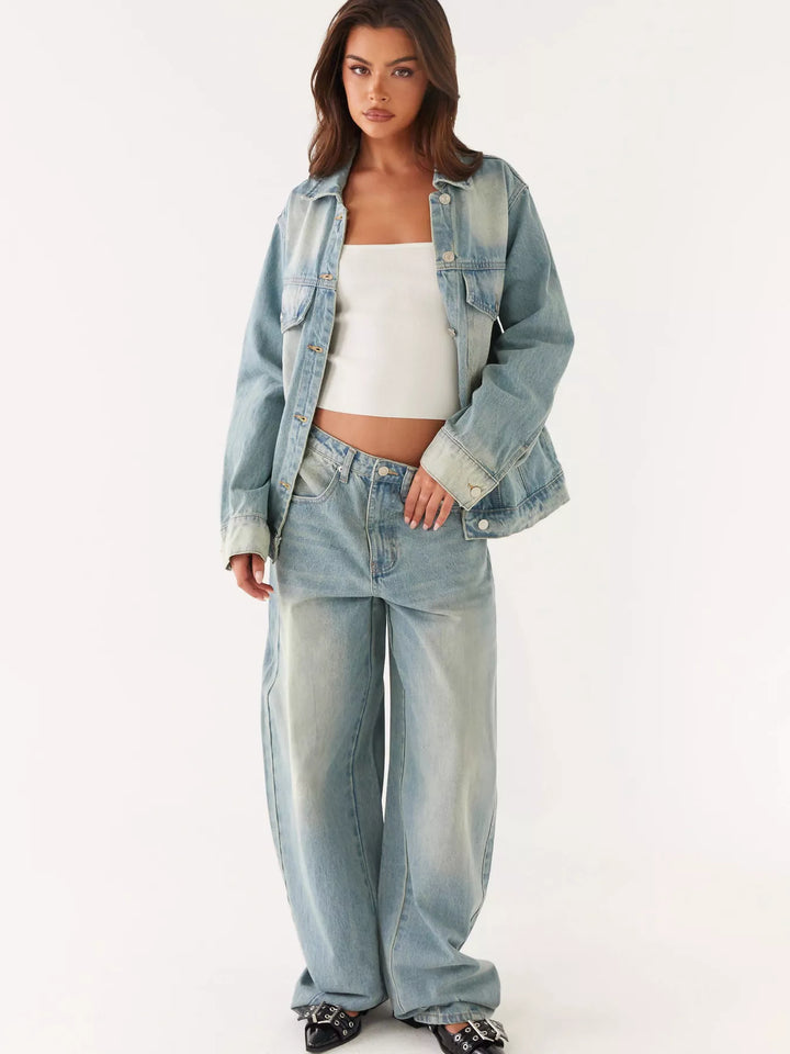 Oversized button-up denim jacket and jeans two-piece set