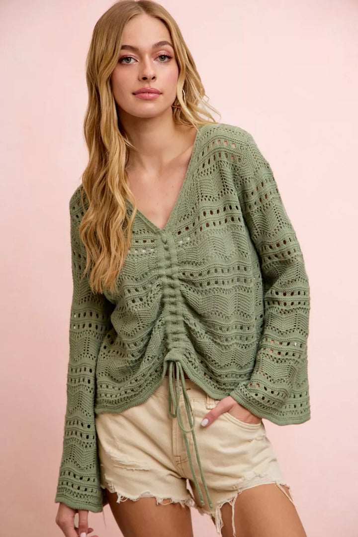 Sage Green Long sleeve pointelle knit V-neck top with ruched front