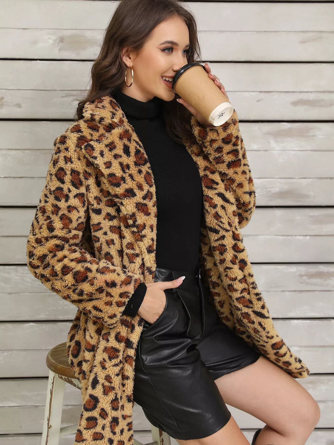 Leopard print fuzzy teddy coat with lapel collar