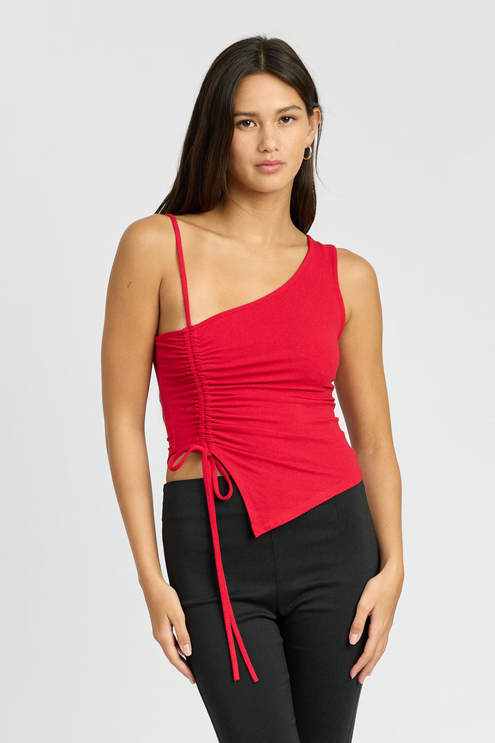 Vega Asymmetrical Ruched Top With Adjustable Drawstring