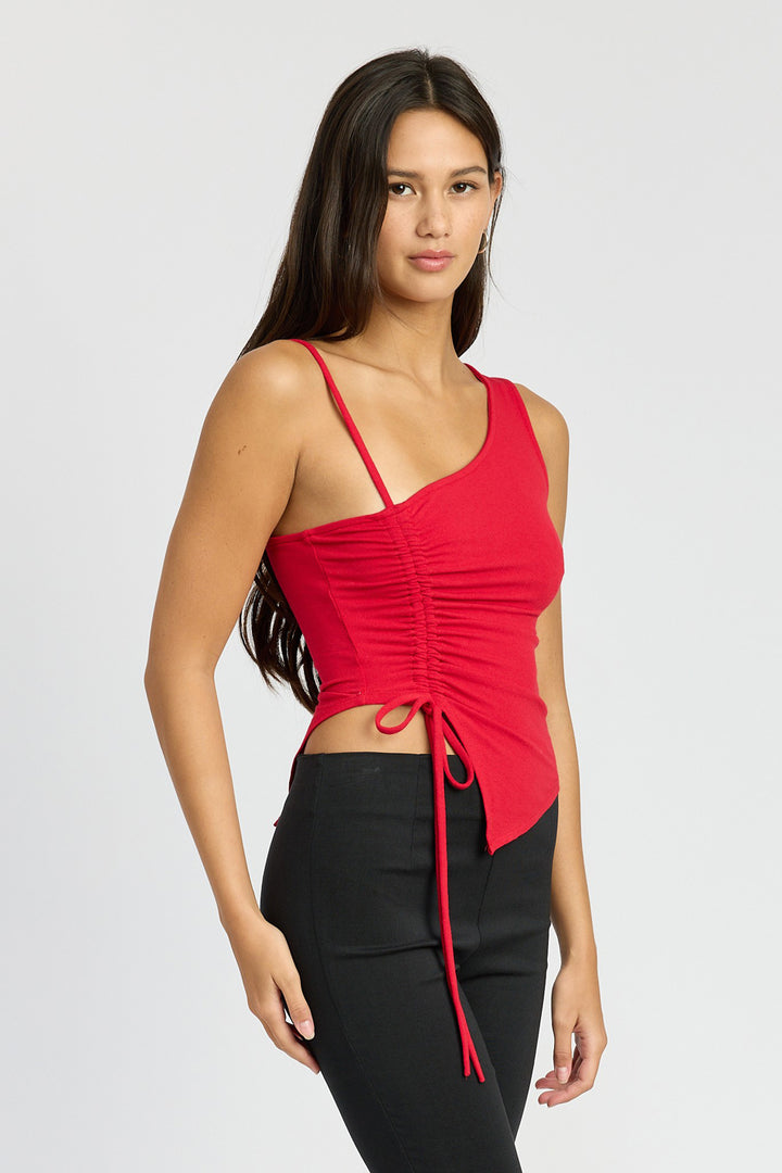 Vega Asymmetrical Ruched Top With Adjustable Drawstring