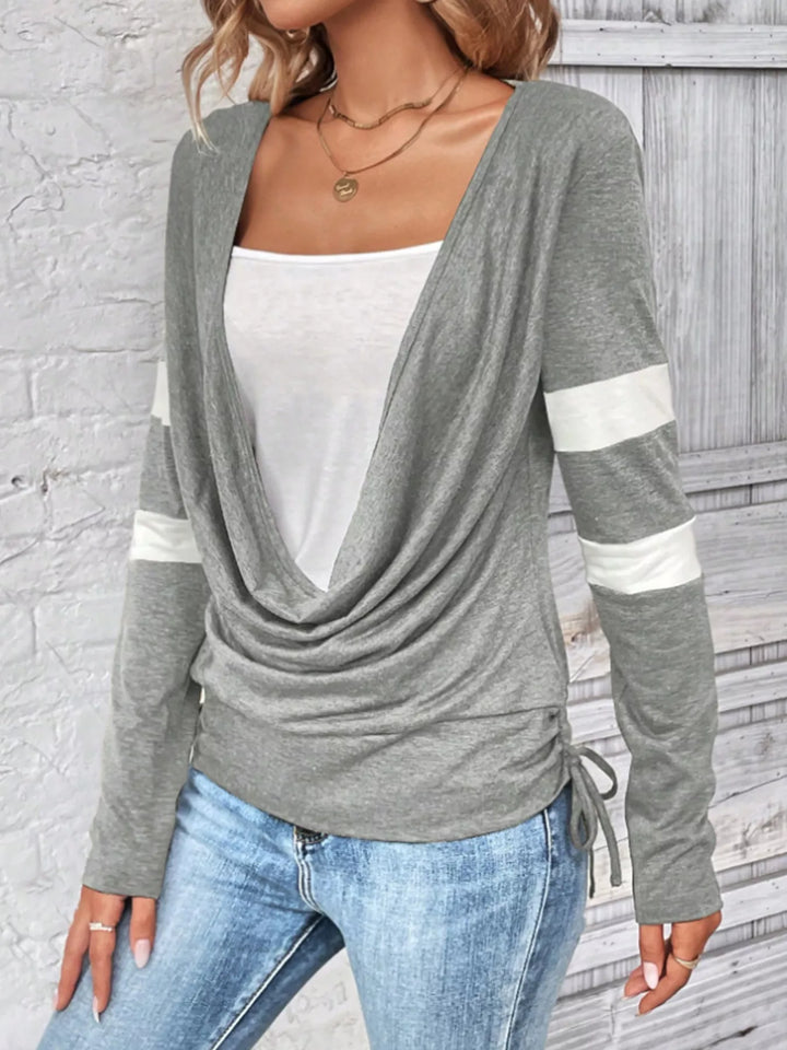 Cowl neck long sleeve faux layered top with side drawstring