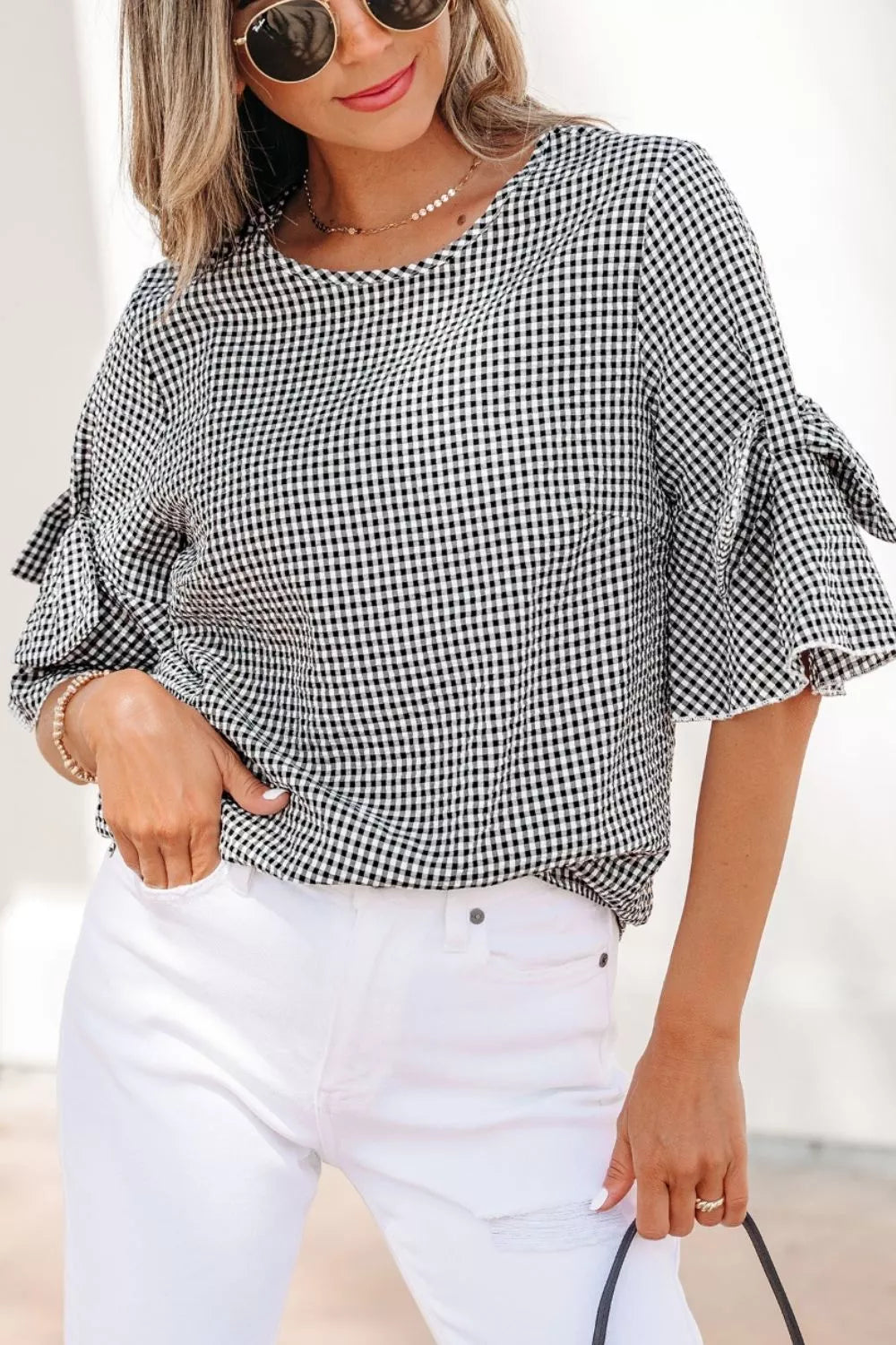 Gingham ruffle half-sleeve crew neck blouse
