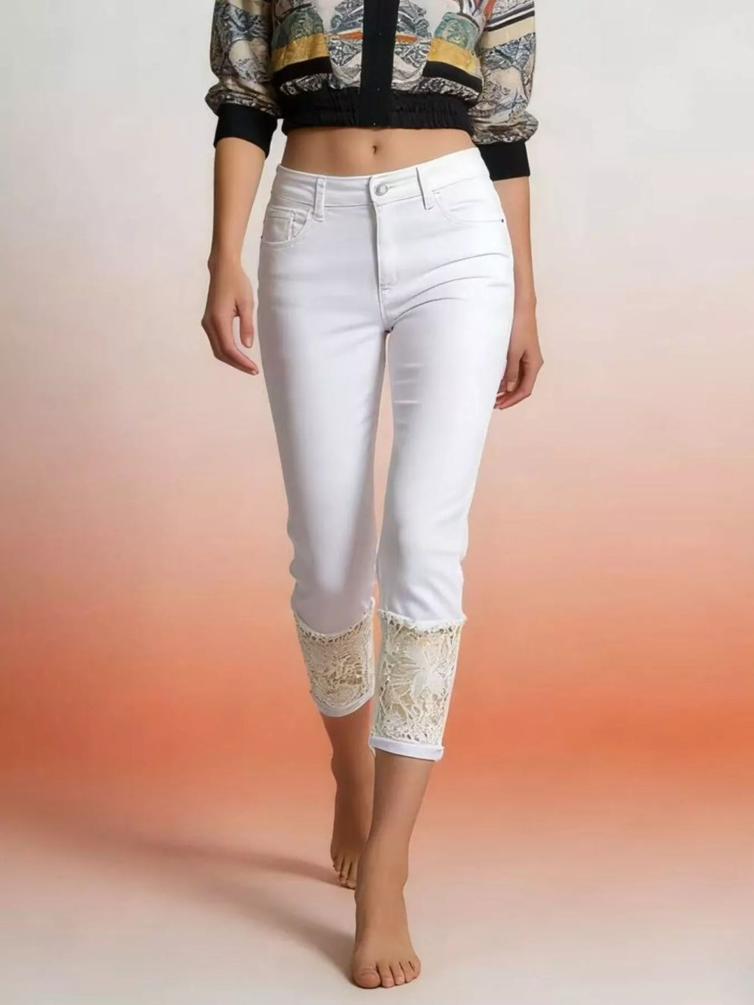 Gray/white Lace-trim capri jeans with slim mid-rise stretch fit