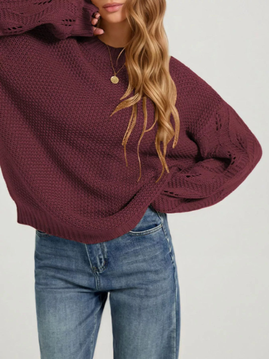 Red Openwork knit dropped shoulder sweater with curved hem