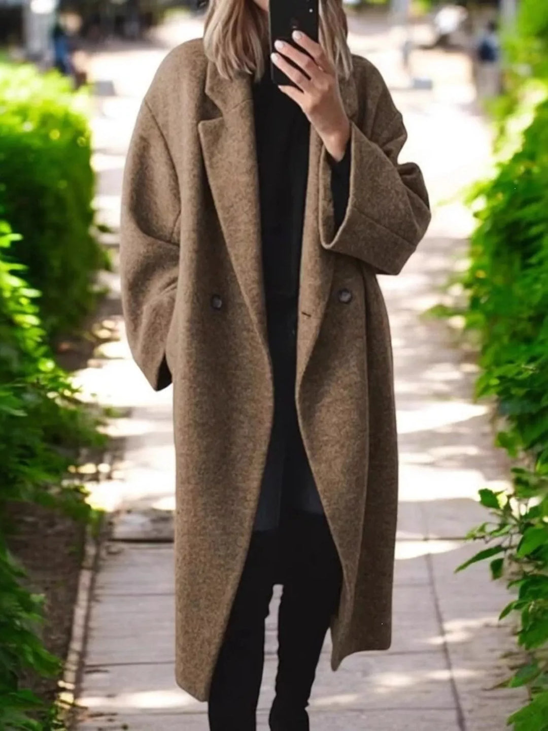 Brown Oversized notch lapel longline coat with side pockets