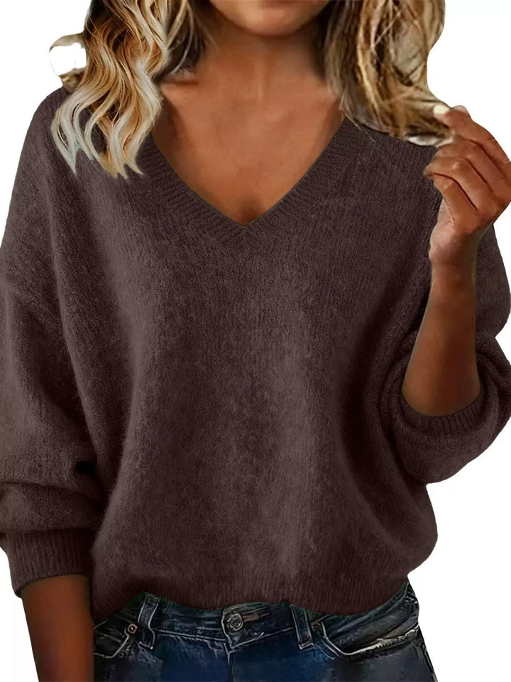 Brown Dropped-shoulder V-neck brushed knit sweater