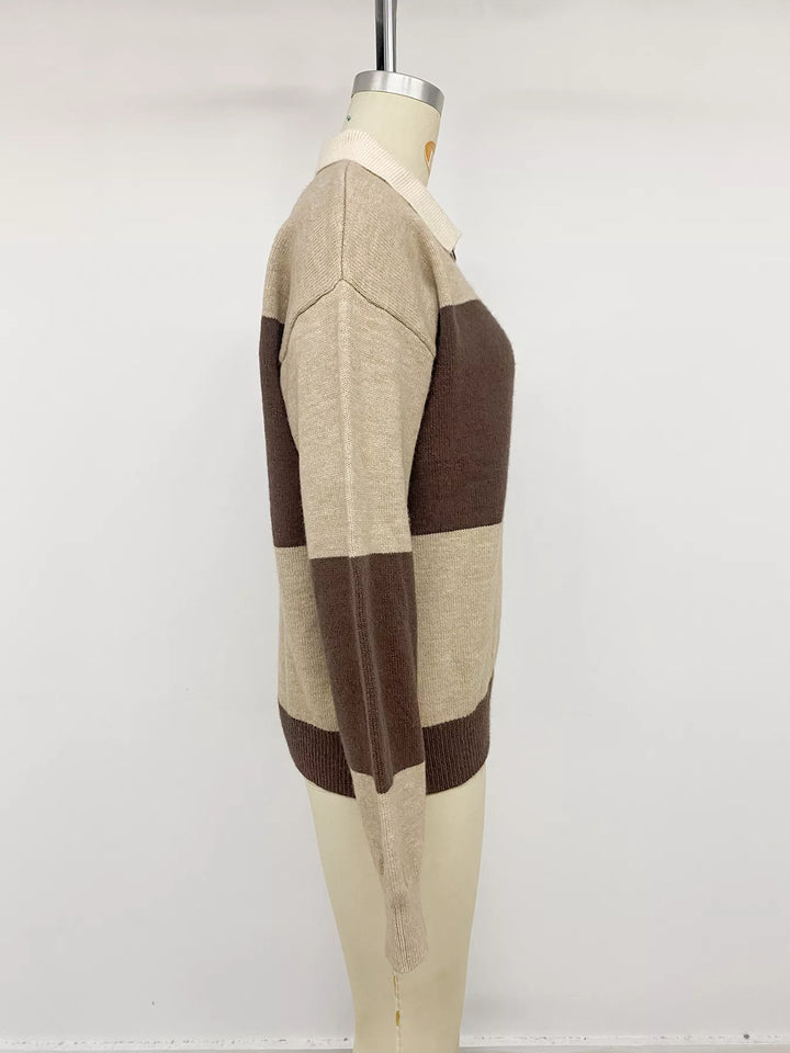 Color block polo collar sweater with button placket