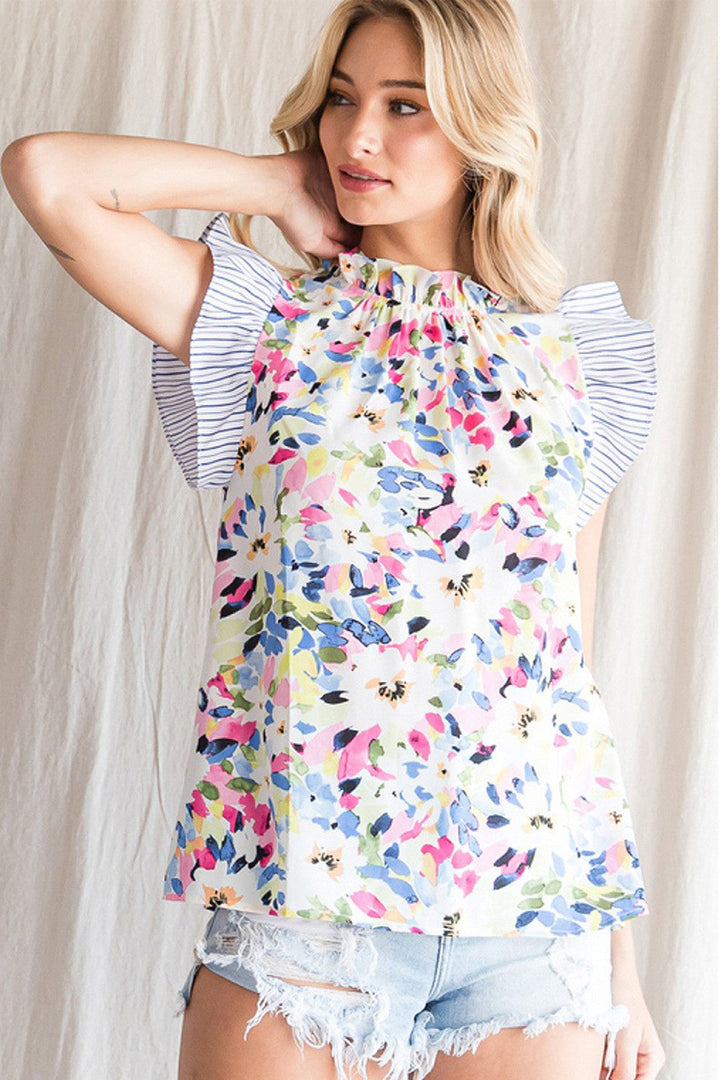 Primrose Frilled Neck Floral Print Blouse with Striped Ruffles