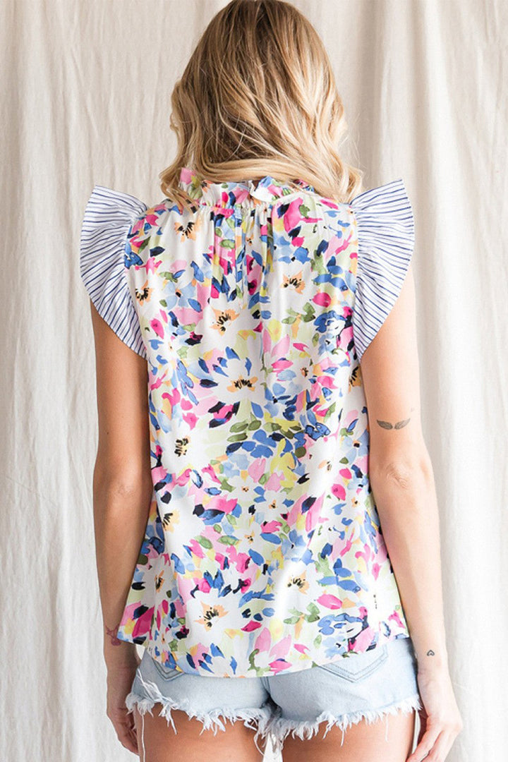 Primrose Frilled Neck Floral Print Blouse with Striped Ruffles