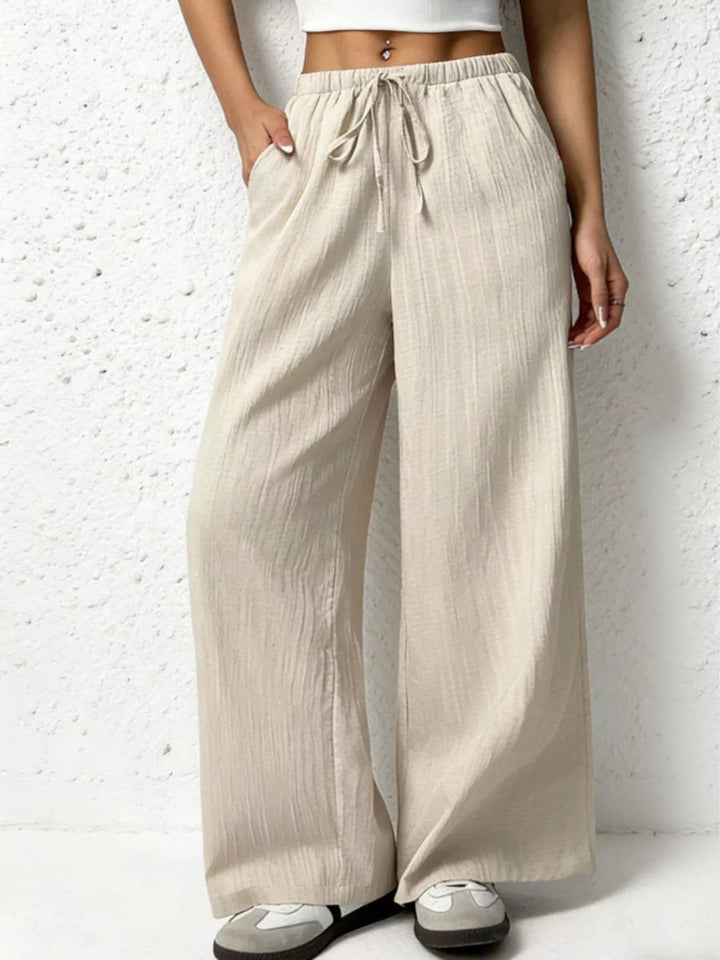 Beige Casual Drawstring Wide Leg Pants
