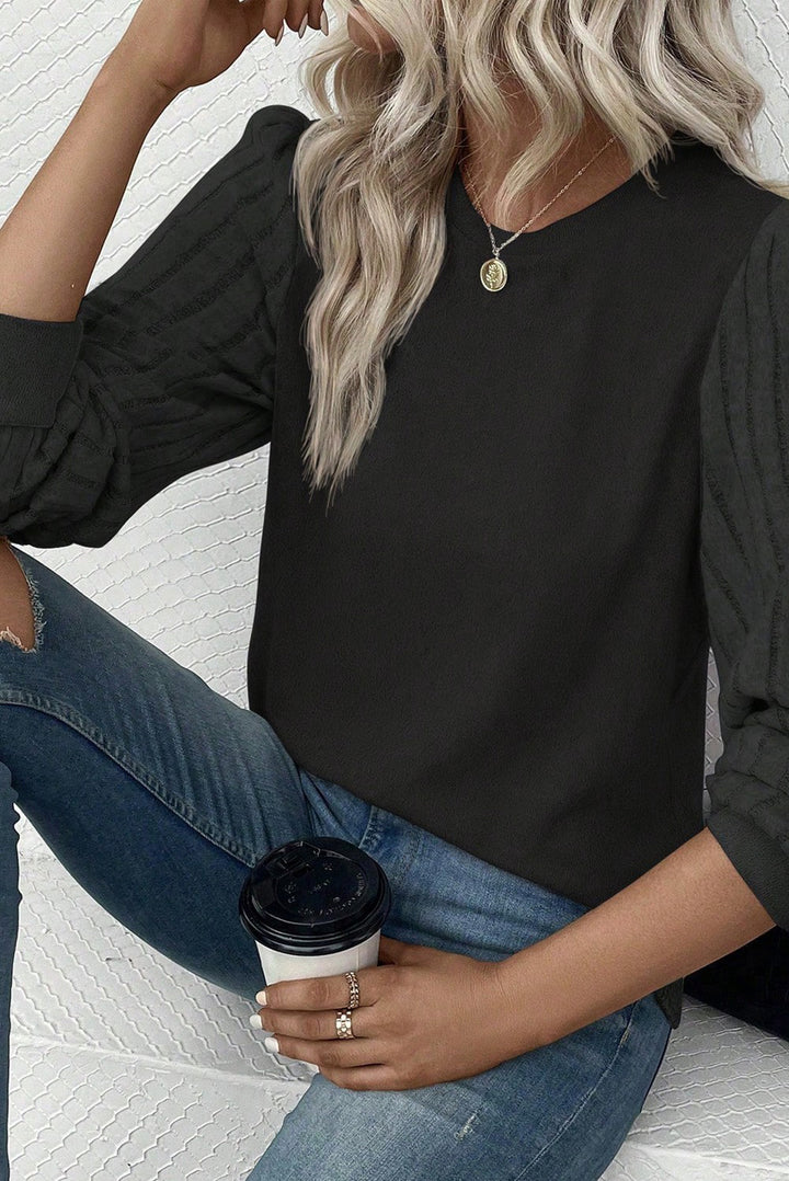 Women Contrast Ribbed Bishop Sleeve Top