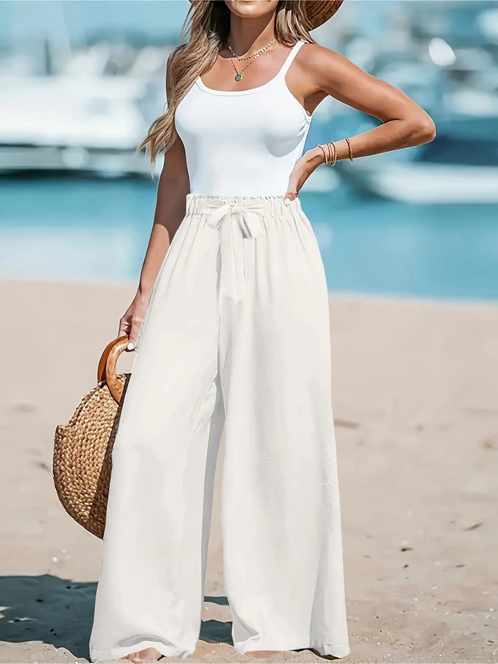 Paper-bag waist wide-leg pants with drawstring tie