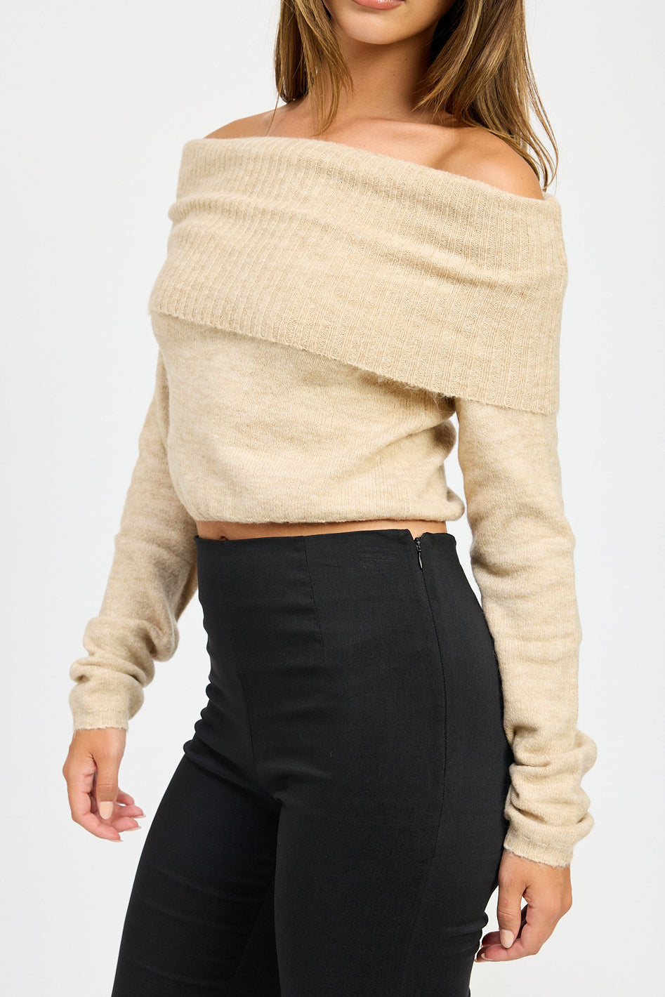 Ophelia Fold Over Off-Shoulder Cropped Sweater