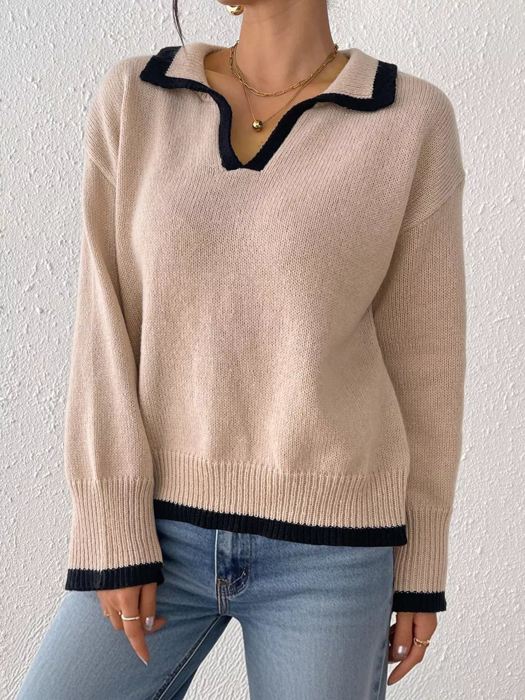 Contrast trim polo collar knit pullover sweater