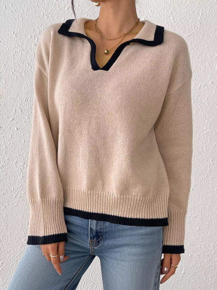 Contrast trim polo collar knit pullover sweater
