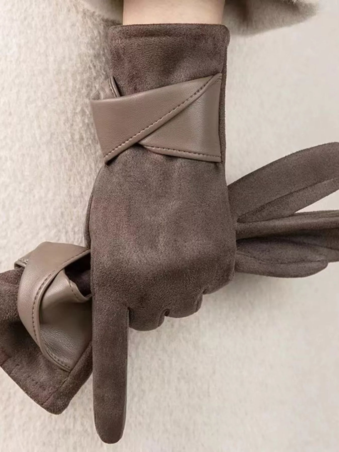 Brown Faux suede touchscreen gloves with crossover strap cuff