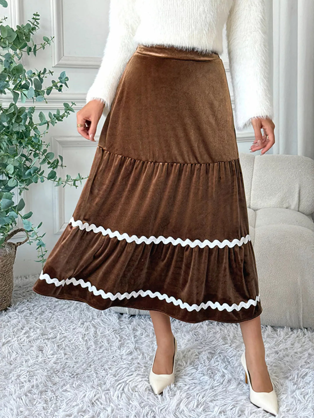 Tiered velvet midi skirt with ric-rac wave trim