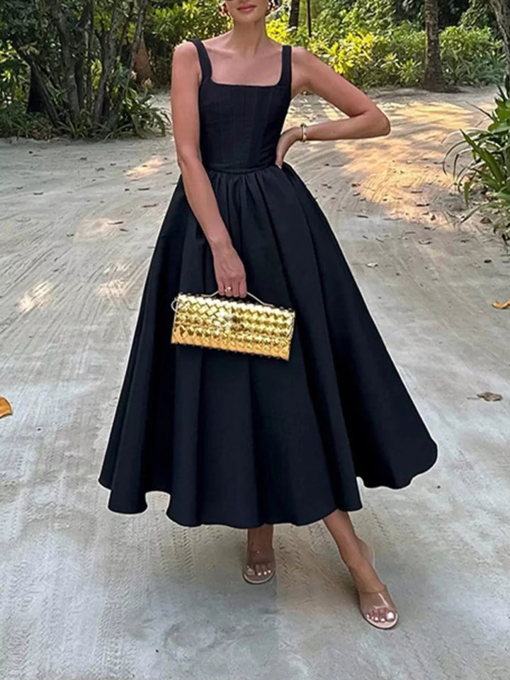 Black Structured bodice square neck A-line midi dress