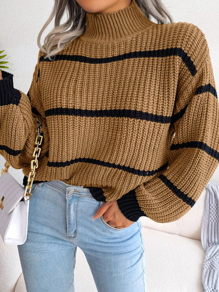 Striped mock neck chunky ribbed knit sweater