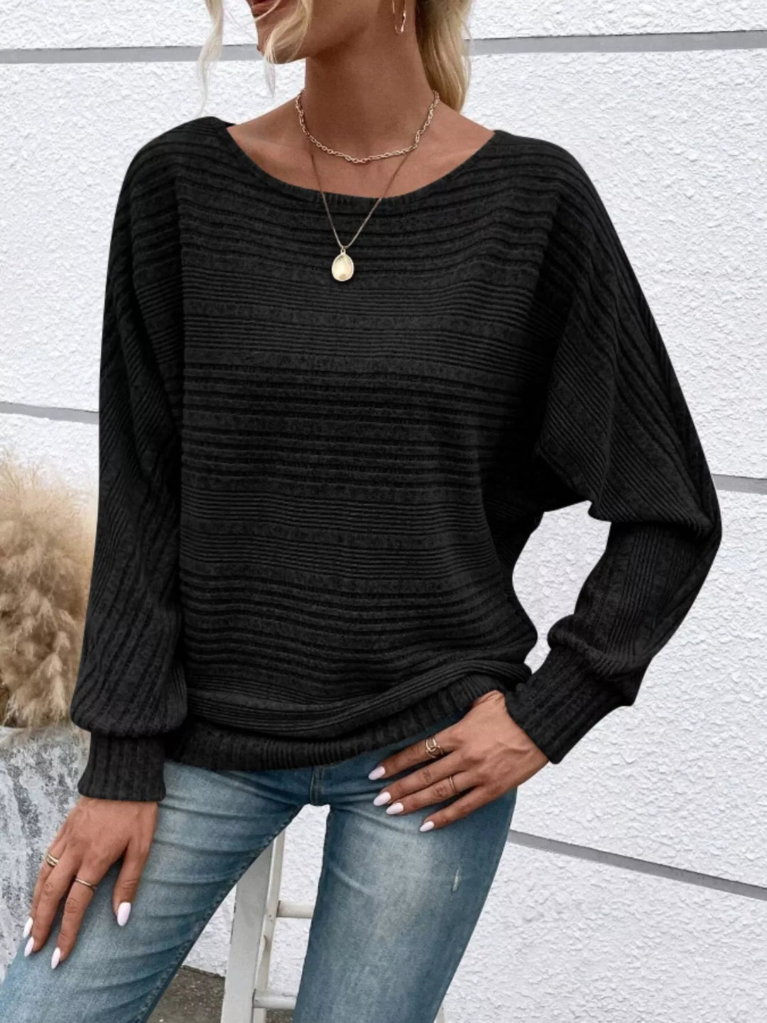 Black Ribbed knit relaxed long sleeve boat-neck top