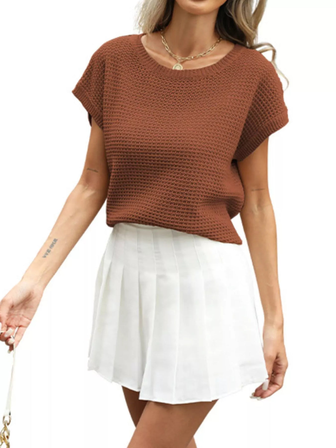 Waffle knit short sleeve sweater top with drop shoulders