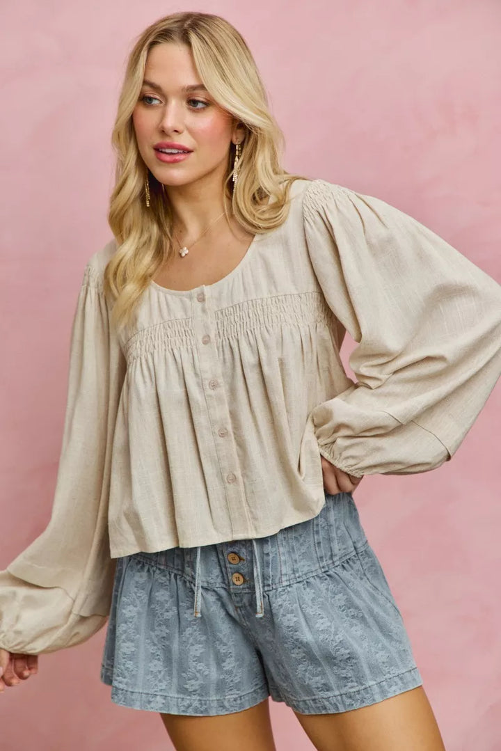Smocked button-front puff sleeve linen blend top