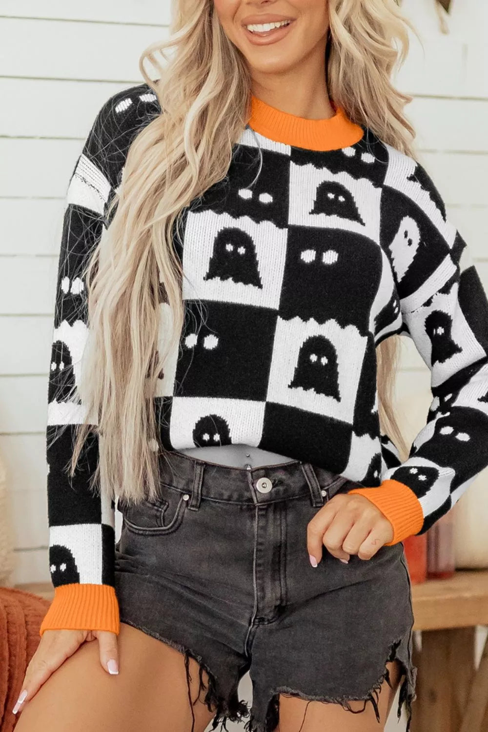 Ghost checkerboard knit sweater with contrast ribbed trim