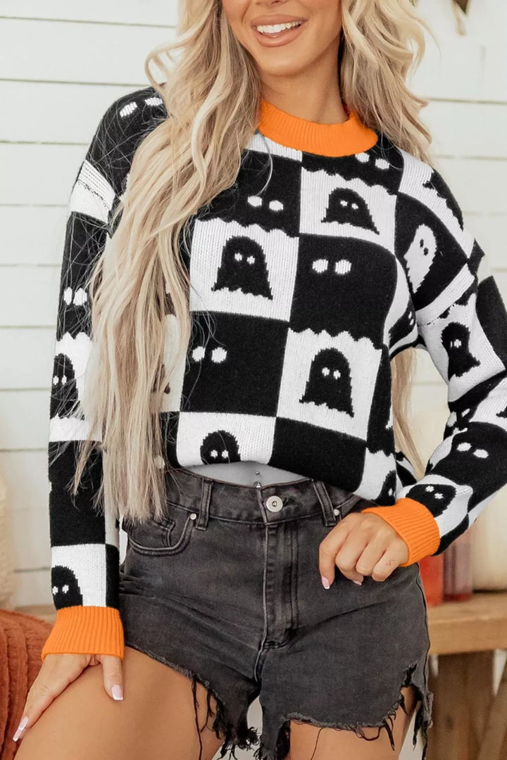 Ghost checkerboard knit sweater with contrast ribbed trim