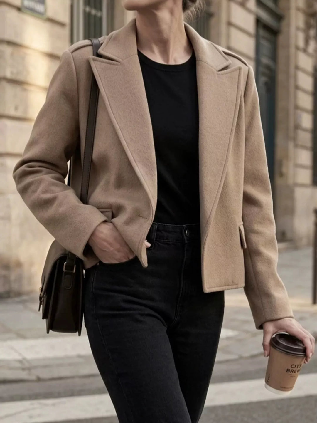 Notch lapel cropped jacket with epaulettes and flap pockets
