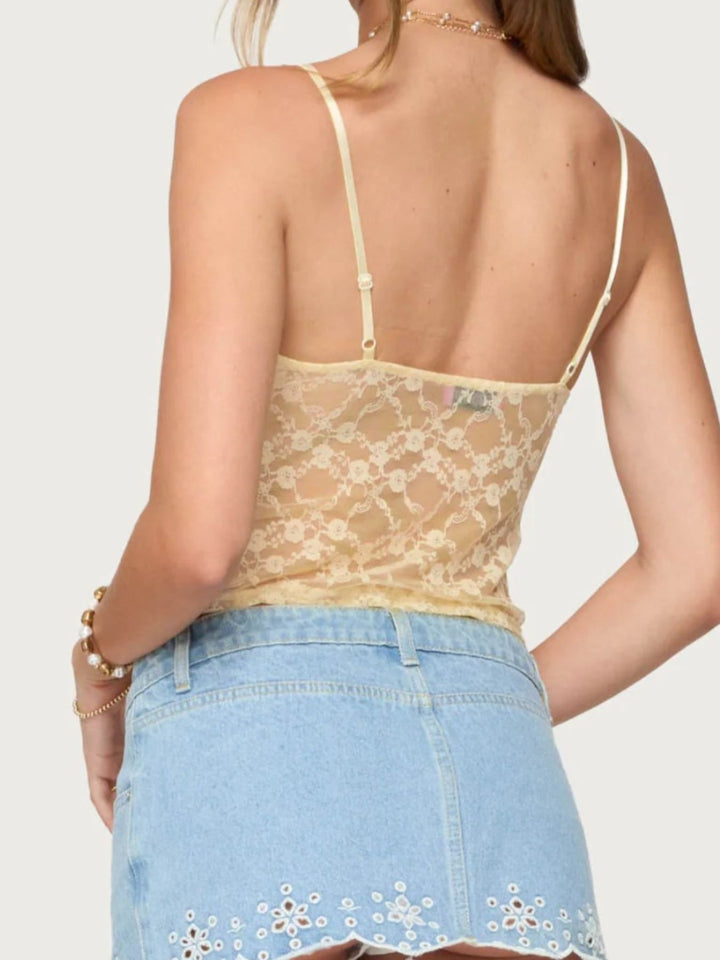 Sheer floral lace cami with underbust cutout