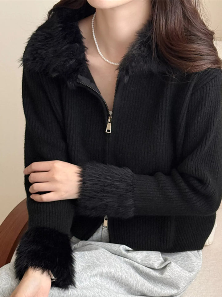Ribbed knit zip-up cardigan with fluffy faux fur trim